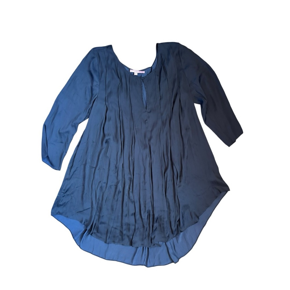 Calypso St. Barth Pintuck Keyhole Tunic Blouse Size L Navy